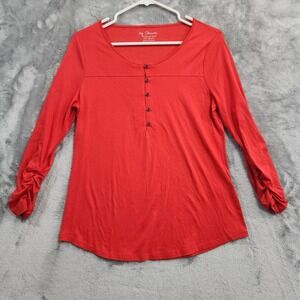 Chico's Top Womens 0 2/S Red Henley Ruched 3/4 Sleeve Scoop Neck Pullover Casual